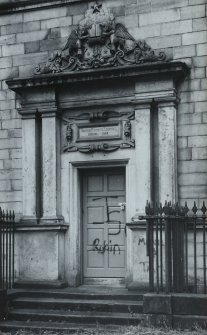 Detail of main entrance showing inscribed panel above door.
Insc 'George Heriot's Hospital School 1884'.