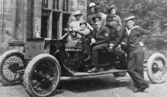 Edinburgh, Clermiston Road, Clerwood House.
View of South front, with group of servicemen on motor vehicle.