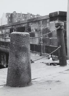 Edinburgh, Leith, The Shore.
View of Coalhill on the Quayside, bollard with post of quay fence behind.