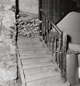 Upper basement, timber staircase, detail.