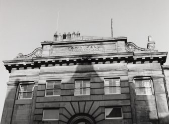 South facade, detail of pediment insc: 'Town Hall', 'R & R Dickson Architects'