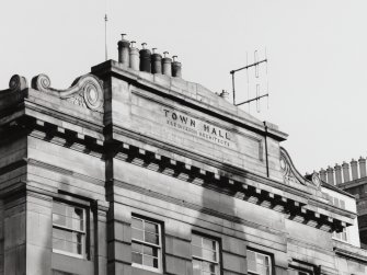South facade, detail of pediment insc: 'Town Hall', 'R & R Dickson Architects'