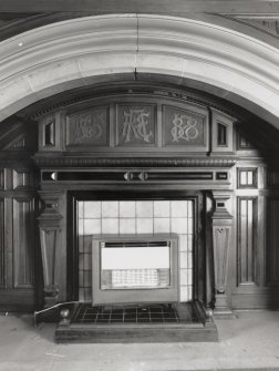 Interior, detail of fireplace in First Floor office of Old Craig House.