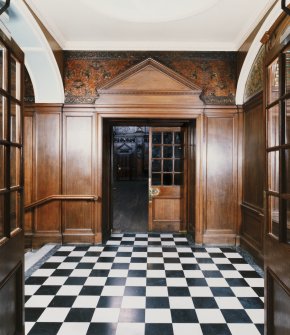 Interior, general view across top landing of Craig House with Great Hall behind doors.
