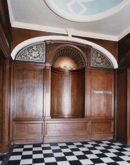 Interior, general view of West end (top) of main staircase hall of Craig House from East.