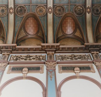 Interior, detail of ceiling and cornice work in Great Hall of Craig House.