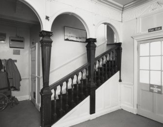 Interior, general view of entrance hall and staircase in South Craig Villa from South.