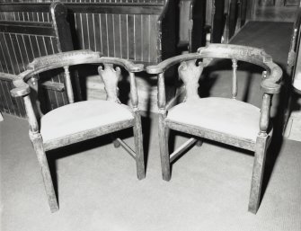 Interior-detail of Treasurer and Clerk chairs in chapel.