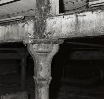 Interior-detail of cast-iron column and beam intersection on First Floor of Tun Room block