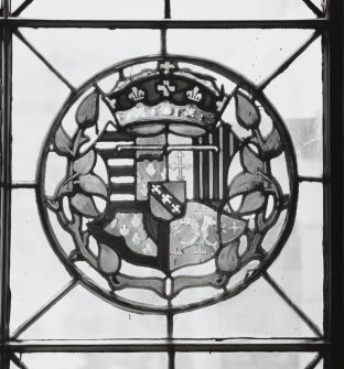 Detail of circular stained glass panel in South wall depicting the coat of arms of Mary Of Lorraine and Guise, mother of Mary Queen of Scots.