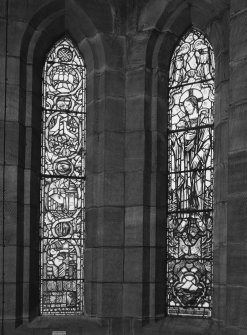 Interior.
Entrance vestibule, view of two stained glass windows on east wall