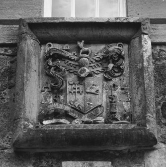 East wing West front detail of armorial panel with initiala A L.