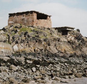 Edinburgh, Cramond Island, The Knoll coast battery. View of brick built battery gun emplacement and observation platform from South East..