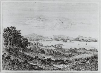 View from Corstorphine Hill looking northwest to Cramond and Fife also showing Islands in the Forth.  Visible is Cramond Tower.  Copied from 'Scenery and Antiquities of Midlothian'