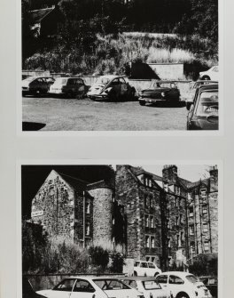 Two views, one of Dean Tannery carpark and one of rear 27 Dean Path and Dean Path Buildings