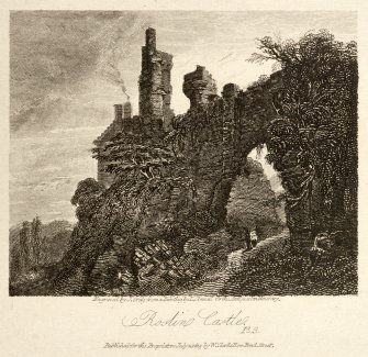 Engraving of the north gateway into Rosslyn Castle by Luke Clennell