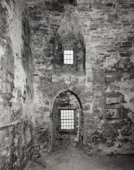 Interior, tower, second floor, main hall, South windows, detail.