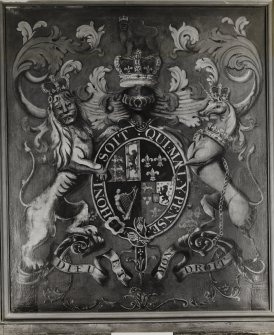 Interior - council chamber, detail of painted canvas hanoverian heraldic plaque