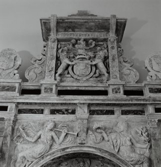 Interior.
Monument to George Home, 1st Earl of Dunbar (d.1611), detail of armorial.