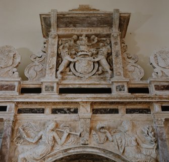 Interior.
Monument to George Home, 1st Earl of Dunbar (d.1611), detail of armorial.