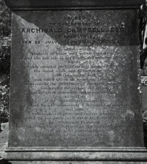 Lochgoilhead Churchyard, Monument to Archibald Campbell of Drimsynie.
Detail of inscription on monument.