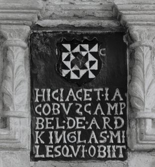 Lochgoilhead Church, interior.
Detail of inscription of 17th century monument on East wall.