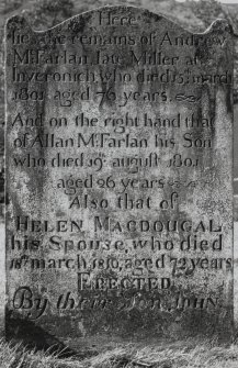 Lochgoilhead churchyard, headstone of Andrew McFarlan.
General view of front of headstone.