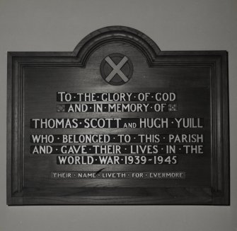 South wall, commemorative plaque (in memory of Thomas Scott and Hugh Yuill who died in the Second World War), detail