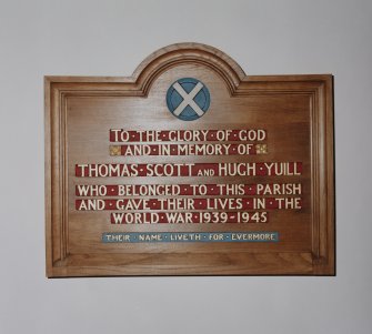 South wall, commemorative plaque (in memory of Thomas Scott and Hugh Yuill who died in the Second World War), detail