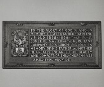 North transept, East wall, detail of commemorative plaque (in memory of Alexander Darling and his parents)