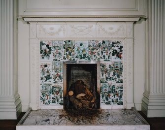 Interior. 
First floor drawing room, detail of 18th century marble fireplace.