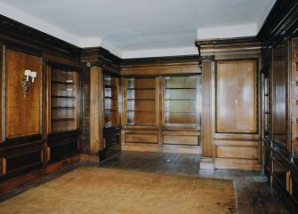 Interior. 
Second floor library at Northwest corner, view from West showing bookcases made from the woodwork of SS Columbia in 1934.