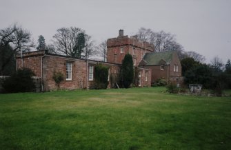 View of 19th century single storey wing and tower from SW