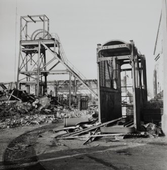 Lingerwood Colliery.
View of surface arrangement during demolition, after closure in 1967, with mine case in foreground.