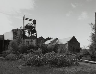 Newtongrange, Lady Victoria Colliery, Engine Houses, Pithead, and Woodroad Stores
View from NE of pithead including headframe, and Woodroad Stores