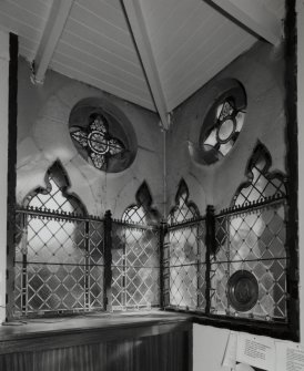 Interior.
Detail of corner stained glass windows in session room to E.