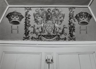 Interior.
Detail of painted coat of arms on cove of Hopetoun Loft.