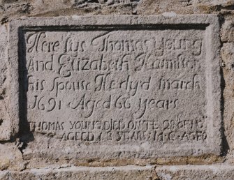 Detail of panel commemorating Thomas Young and Elizabeth Hamilton set into wall of SW burial aisle (Philpstoun Aisle).