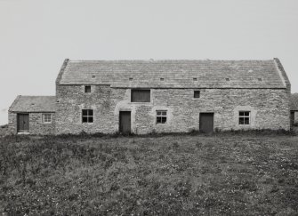 View of threshing barn from S, note the former kiln on the left of the two-storeyed range