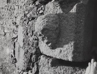 Castle Stalker.
Detail of face carved on exterior of round turret.