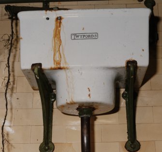 Detail of Twyfords cistern above 'The Deluge Adamant' water closet.  Photosurvey 9-OCT-1991