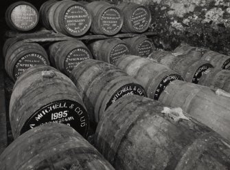 Duty Free Warehouse No. 3: detailed view of batch of 'organic' whisky, made from certificated organically-grown barley in 1992