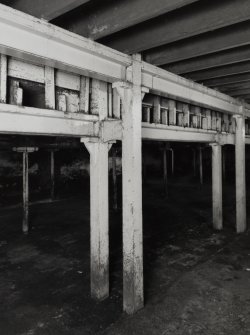 Campbeltown, Millknowe Road, Hazelburn Distillery, interior.
View of double cast-iron square section columns (single casting) dividing central and North-West maltings blocks at ground floor level (columns 0.15m square).