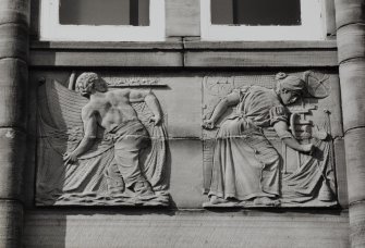 Campbeltown, Hall Street, Campbeltown Library and Museum.
Detail of frieze on East elevation showing a fisherman and a net-maker.