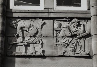 Campbeltown, Hall Street, Campbeltown Library and Museum.
Detail of frieze on East elevation showing a shipbuilder and St. Columba.