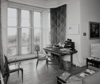Drawing room, detail of bay window showing Lady Mitchison's work table