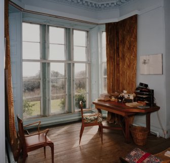 Drawing room, detail of bay window showing Lady Mitchison's work table.