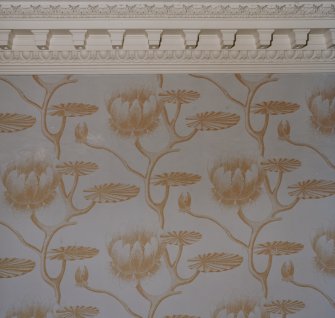 Staircase Hall, detail of wallpaper bought in London by Lady Mitchison.