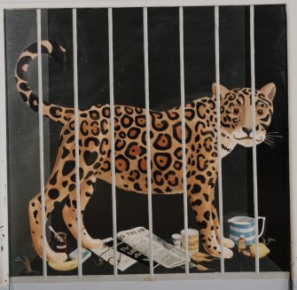 Hall, detail of painted fireboard of a caged leopard by C E Brett