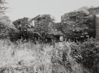Old Auchavoulin House, Castle Toward.
View of ruined range of buildings and East walled garden from North-West.